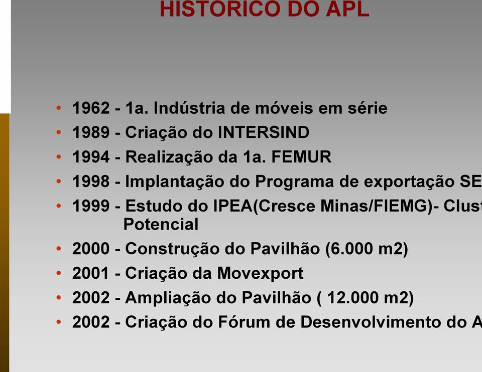 FEMUR 1998 - Implantação do Programa de exportação SE 1999 - Estudo do IPEA(Cresce