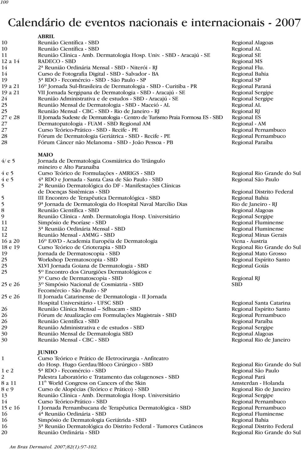 14 Curso de Fotografia Digital - SBD - Salvador - BA Regional Bahia 19 3ª RDO - Fecomércio - SBD - São Paulo - SP Regional SP 19 a 21 16º Jornada Sul-Brasileira de Dermatologia - SBD - Curitiba - PR
