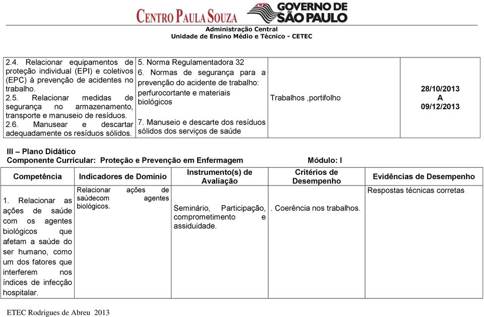 Normas de segurança para a prevenção do acidente de trabalho: perfurocortante e materiais biológicos 7.