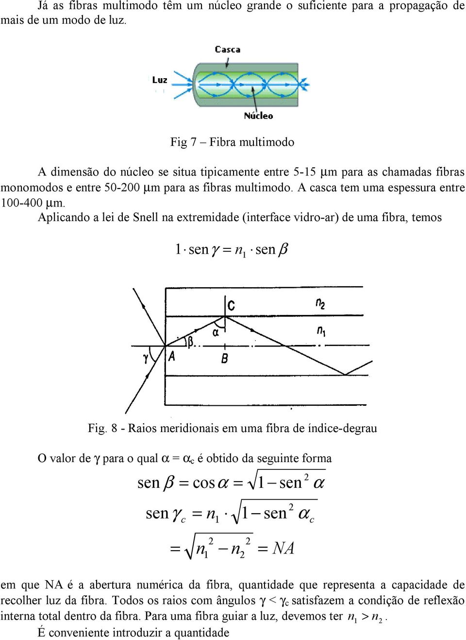 Aplicando a lei de Snell na extremidade (interface vidro-ar) de uma fibra, temos senγ = n sen β Fig.