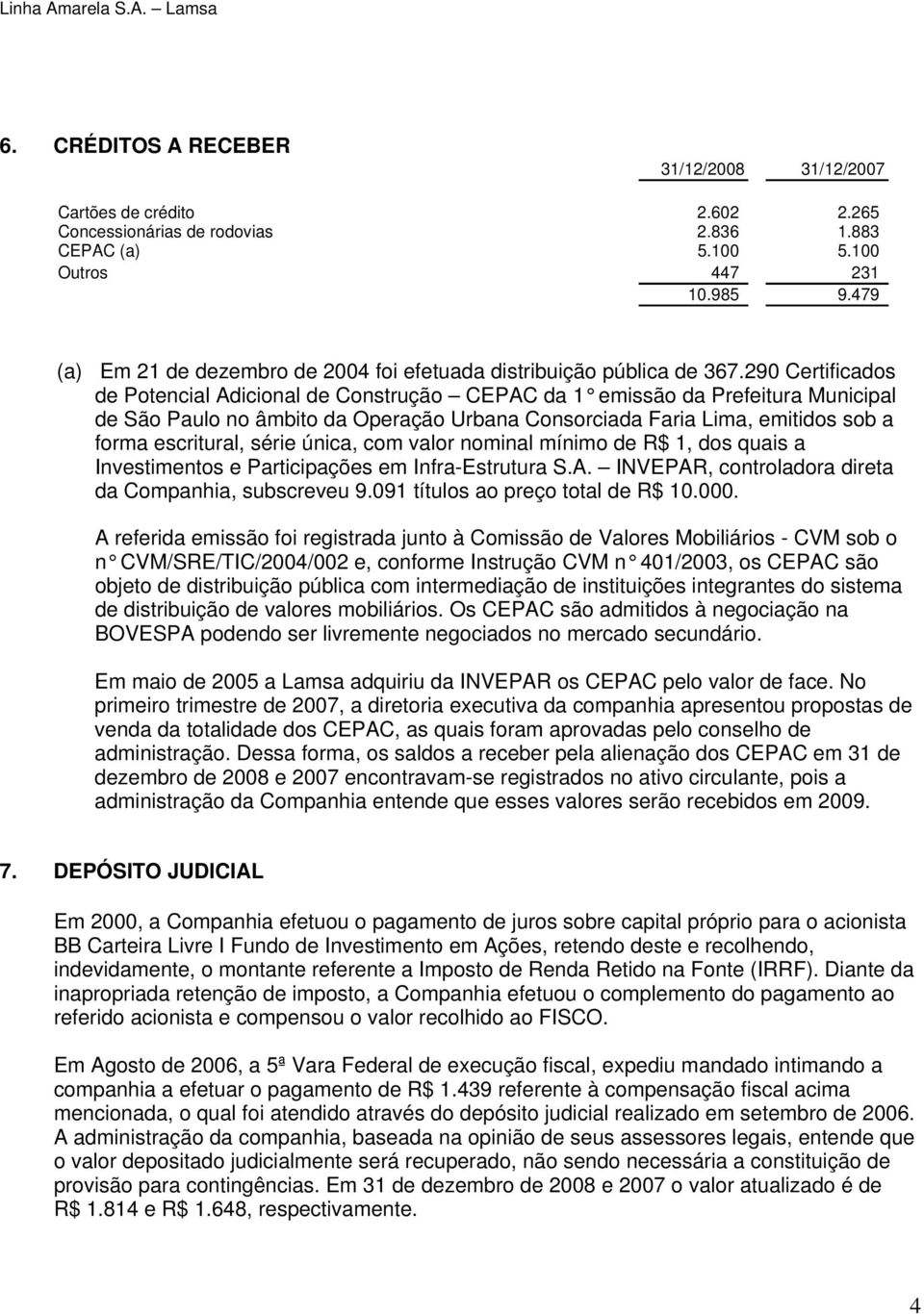 290 Certificados de Potencial Adicional de Construção CEPAC da 1 emissão da Prefeitura Municipal de São Paulo no âmbito da Operação Urbana Consorciada Faria Lima, emitidos sob a forma escritural,