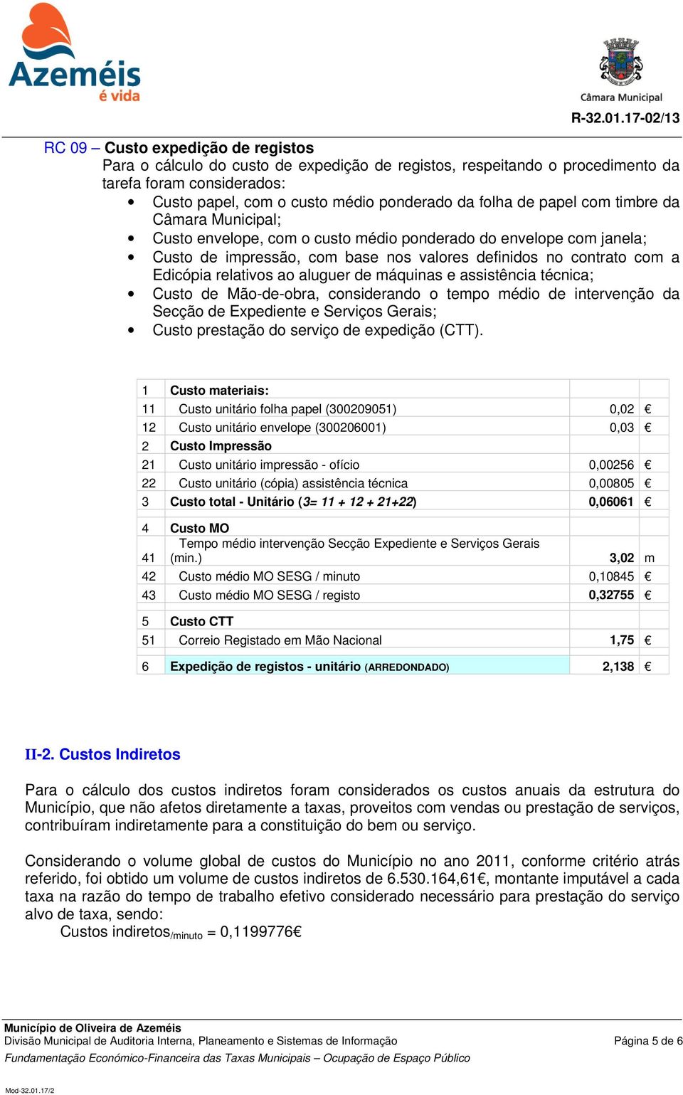 de máquinas e assistência técnica; Custo de Mão-de-obra, considerando o tempo médio de intervenção da Secção de Expediente e Serviços Gerais; Custo prestação do serviço de expedição (CTT).