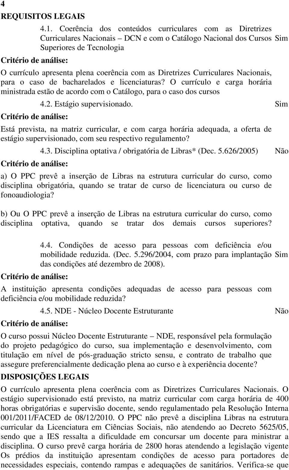 Curriculares Nacionais, para o caso de bacharelados e licenciaturas? O currículo e carga horária ministrada estão de acordo com o Catálogo, para o caso dos cursos Critério de análise: Sim 4.2.