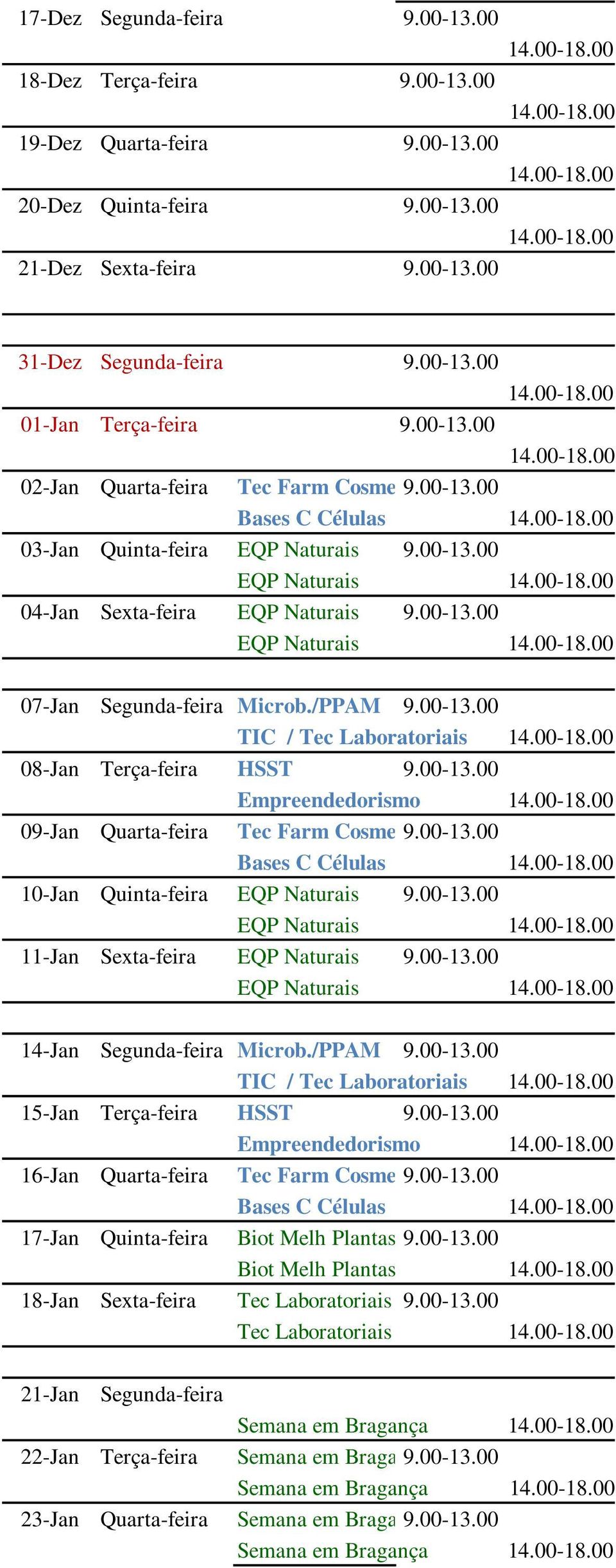 /PPAM 9.00-13.00 08-Jan Terça-feira HSST 9.00-13.00 09-Jan Quarta-feira Tec Farm Cosme 9.00-13.00 10-Jan Quinta-feira EQP Naturais 9.00-13.00 EQP Naturais 11-Jan Sexta-feira EQP Naturais 9.00-13.00 EQP Naturais 14-Jan Segunda-feira Microb.