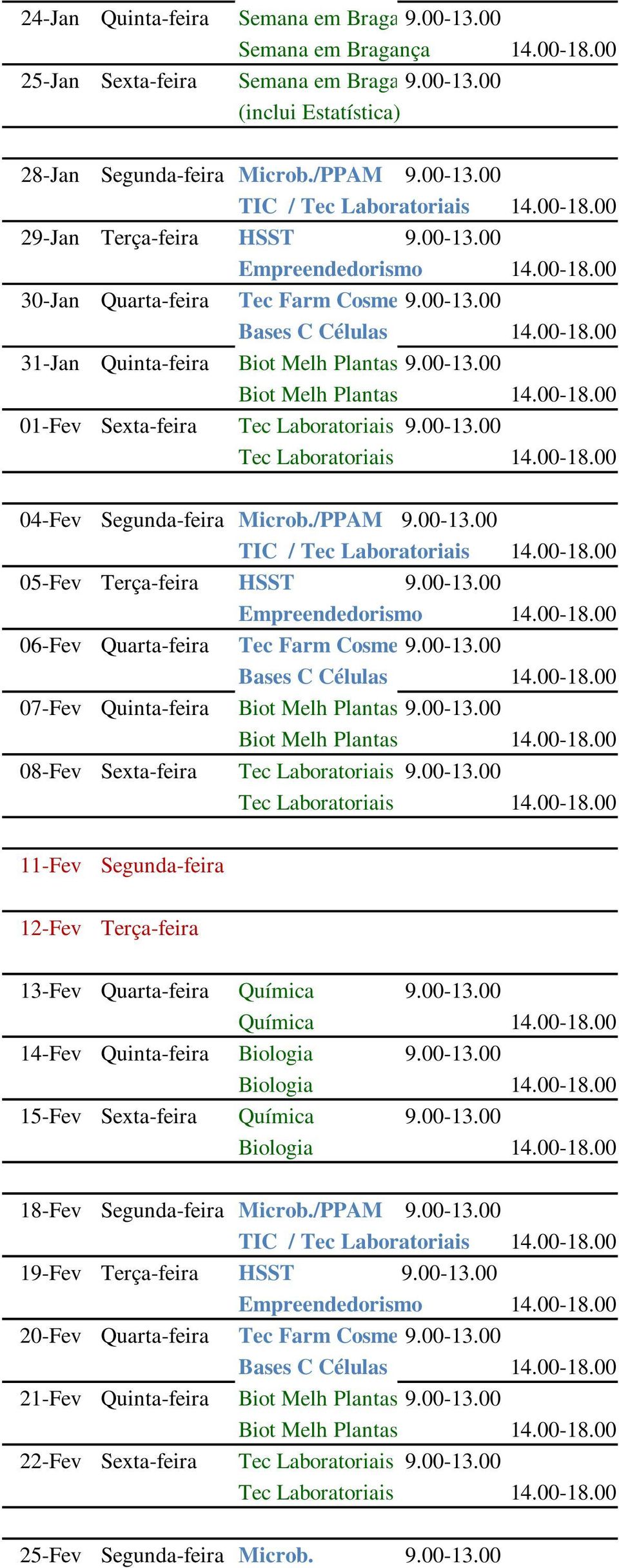 /PPAM 9.00-13.00 05-Fev Terça-feira HSST 9.00-13.00 06-Fev Quarta-feira Tec Farm Cosme 9.00-13.00 07-Fev Quinta-feira Biot Melh Plantas 9.00-13.00 Biot Melh Plantas 08-Fev Sexta-feira Tec Laboratoriais 9.