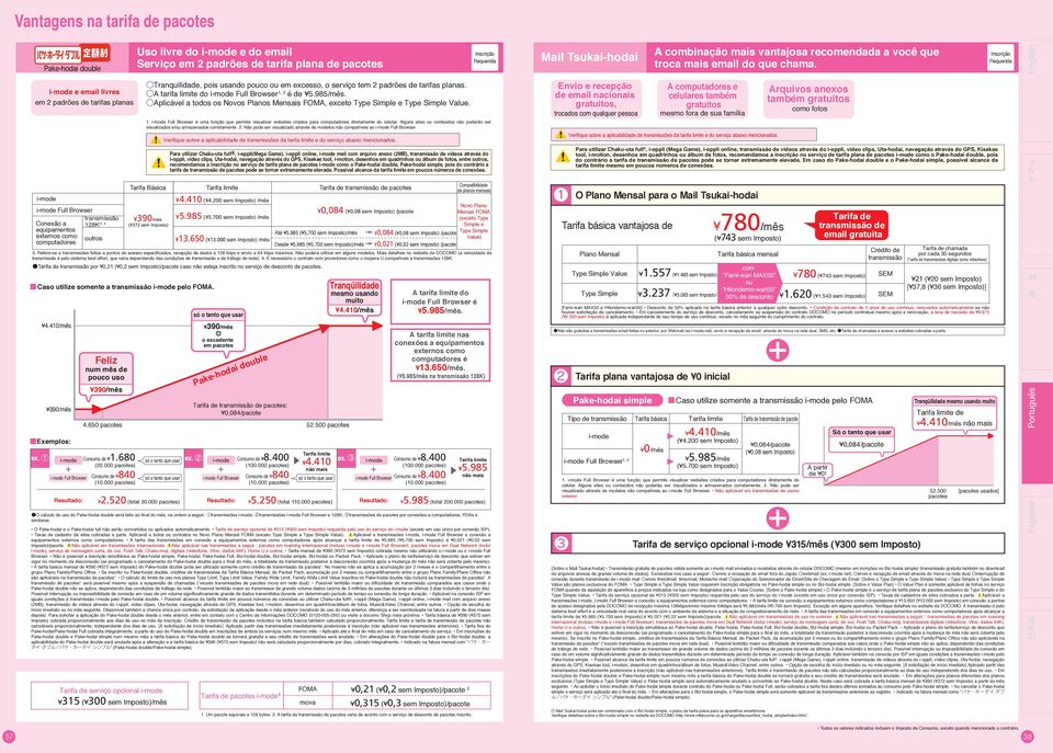 A tarifa limite do i-mode Full Browser 1, 2 é de 5.985/mês. Aplicável a todos os Novos Planos Mensais FOMA, exceto Type Simple e Type Simple. 1. i-mode Full Browser é uma função que permite visualizar websites criados para computadores diretamente do celular.