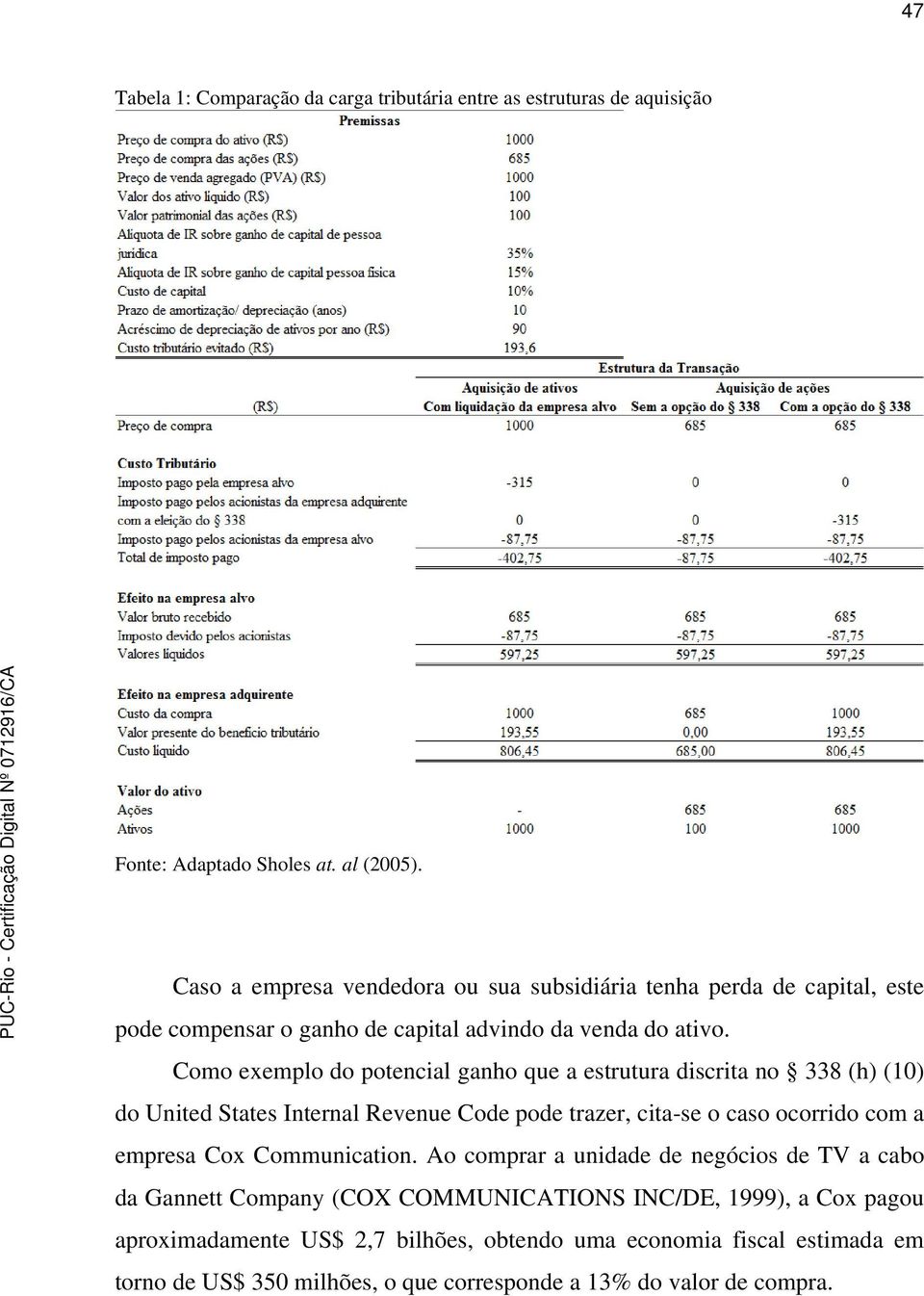 Como exemplo do potencial ganho que a estrutura discrita no 338 (h) (10) do United States Internal Revenue Code pode trazer, cita-se o caso ocorrido com a empresa Cox