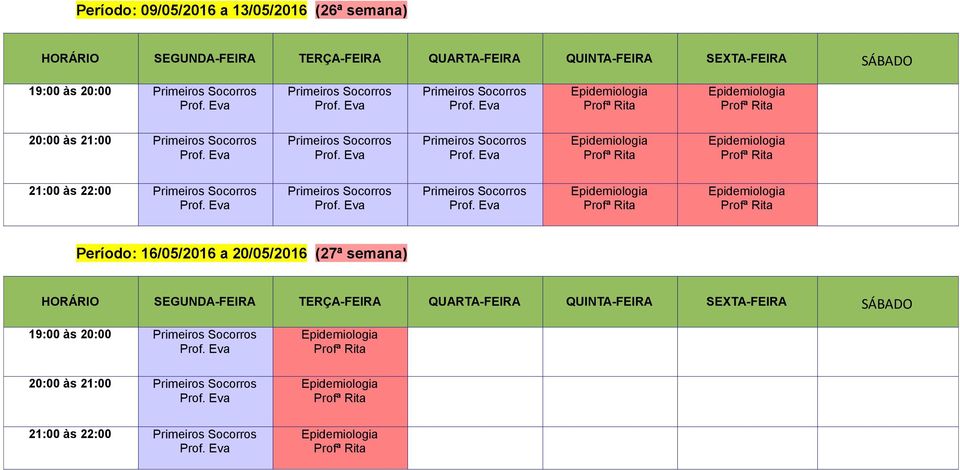 Período: 16/05/2016 a 20/05/2016 (27ª semana)