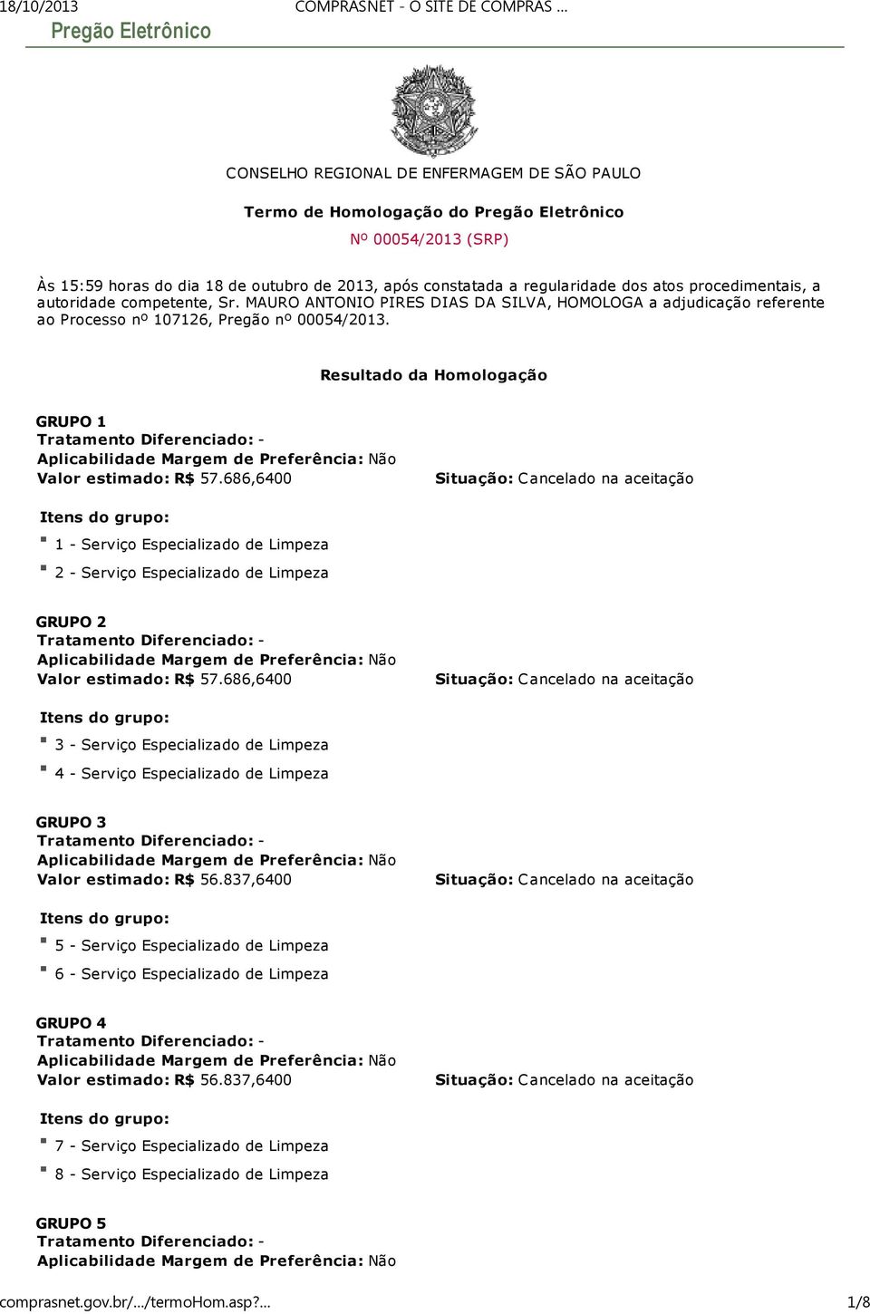 Resultado da Homologação GRUPO 1 Valor estimado: R$ 57.686,6400 1 Serviço Especializado de Limpeza 2 Serviço Especializado de Limpeza GRUPO 2 Valor estimado: R$ 57.