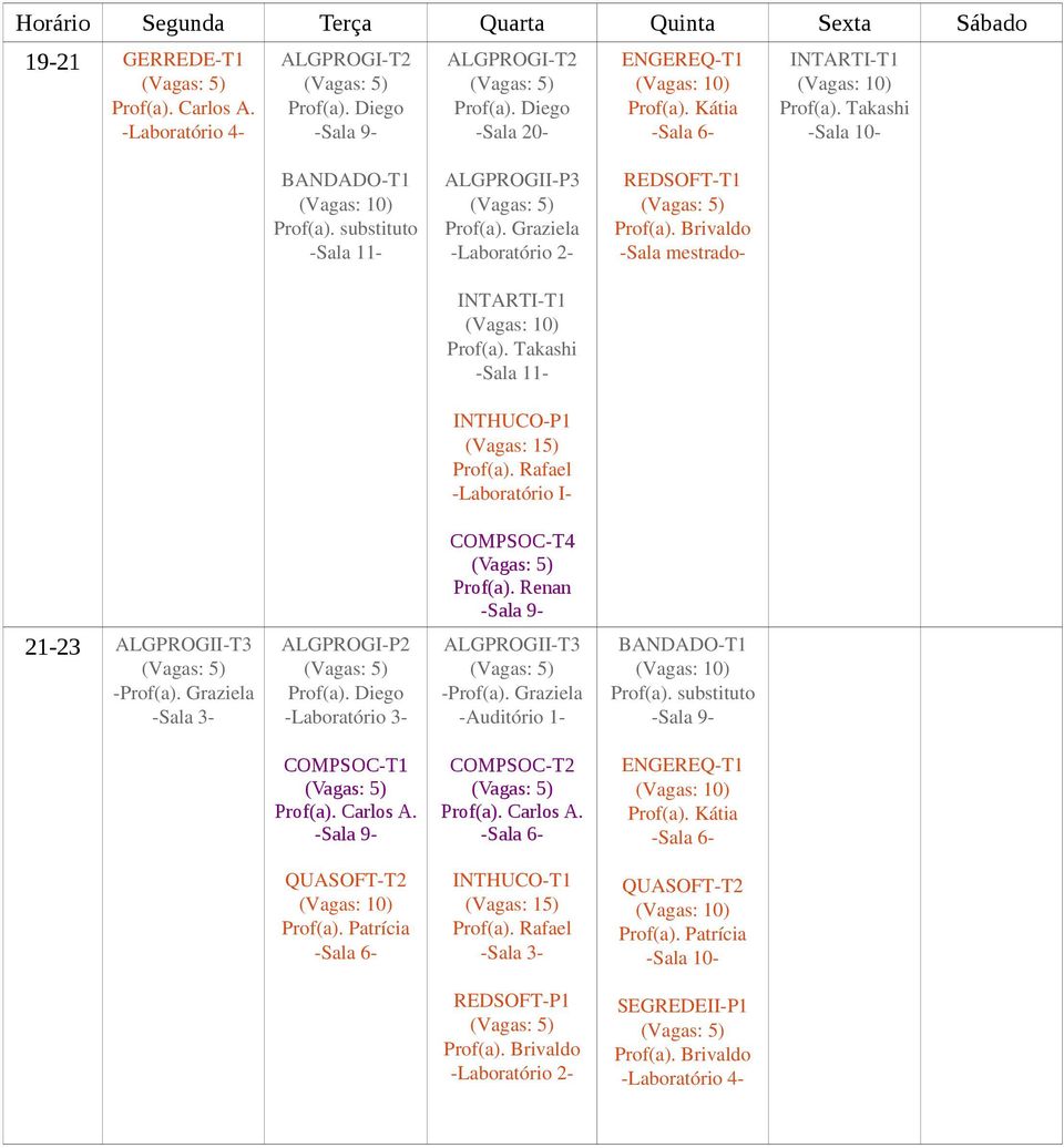 Takashi INTHUCO P1 (Vagas: 15) Prof(a). Rafael Laboratório I COMPSOC-T4 21-23 ALGPROGII T3 Prof(a). Graziela ALGPROGI P2 ALGPROGII T3 Prof(a).