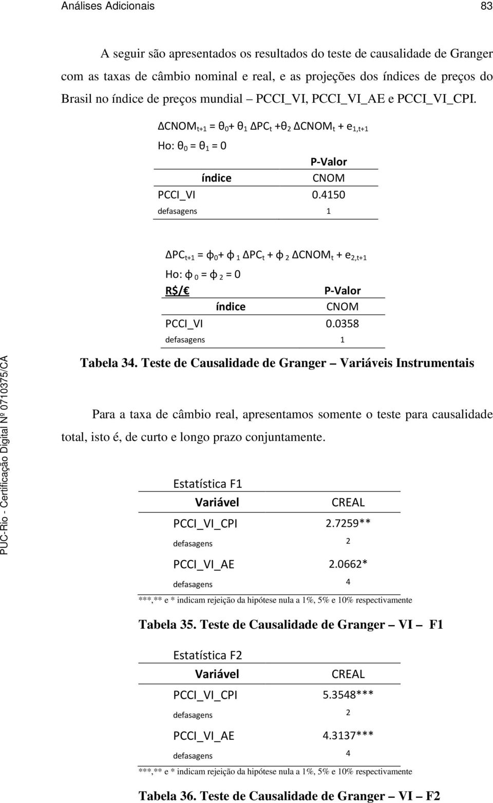 Teste de Causalidade de Granger Variáveis Instrumentais Para a taxa de câmbio real, apresentamos somente o teste para causalidade total, isto é, de curto e longo prazo conjuntamente.