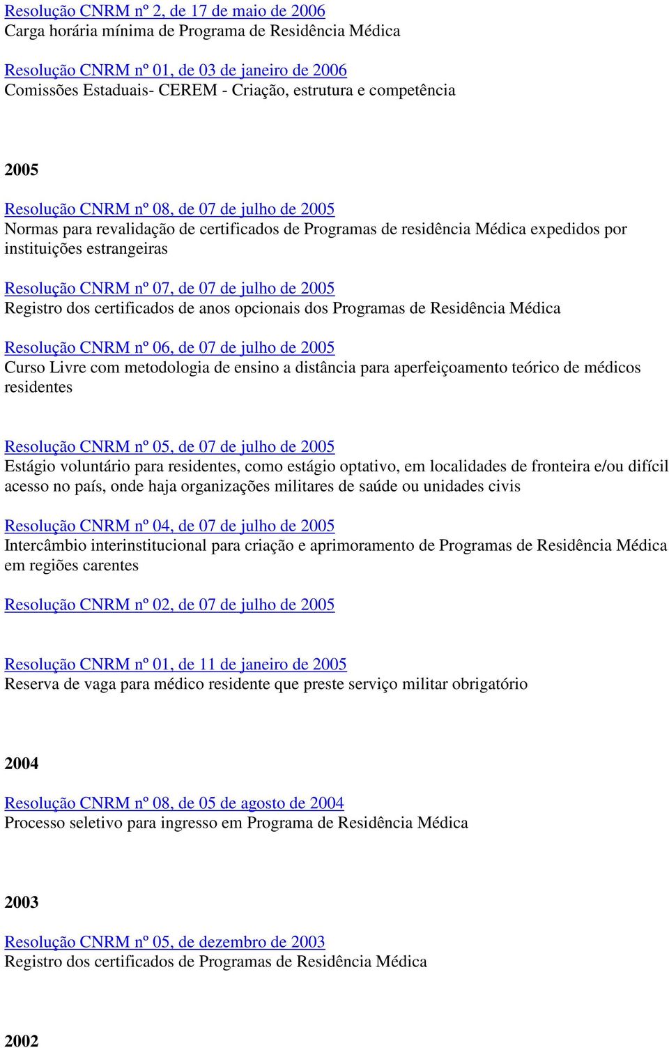 de 07 de julho de 2005 Registro dos certificados de anos opcionais dos Programas de Residência Médica Resolução CNRM nº 06, de 07 de julho de 2005 Curso Livre com metodologia de ensino a distância