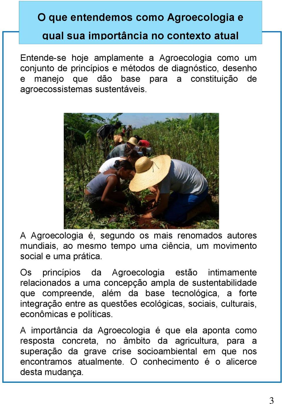 Os princípios da Agroecologia estão intimamente relacionados a uma concepção ampla de sustentabilidade que compreende, além da base tecnológica, a forte integração entre as questões ecológicas,