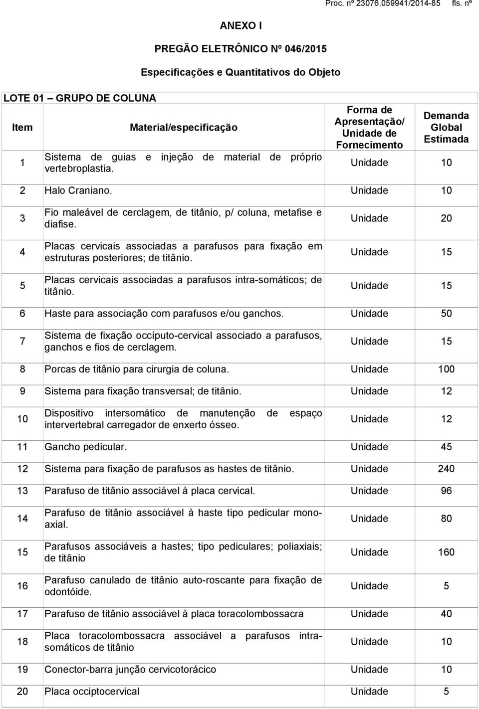 Placas cervicais associadas a parafusos para fixação em estruturas posteriores; de titânio. Placas cervicais associadas a parafusos intra-somáticos; de titânio.