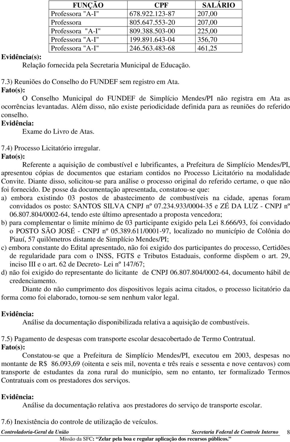 O Conselho Municipal do FUNDEF de Simplício Mendes/PI não registra em Ata as ocorrências levantadas. Além disso, não existe periodicidade definida para as reuniões do referido conselho.