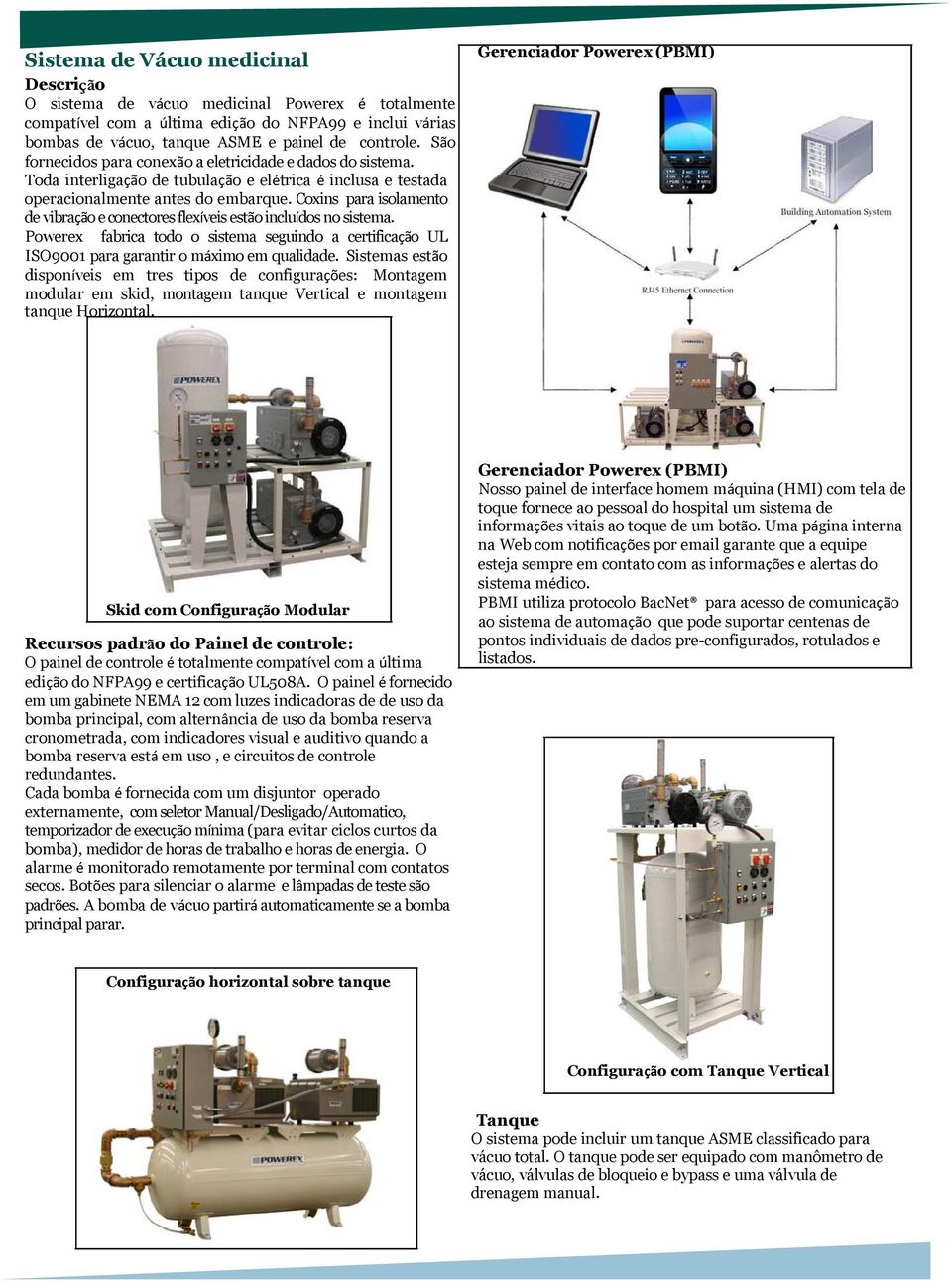 Coxins para isolamento de vibração e conectores flexíveis estão incluídos no sistema. Powerex fabrica todo o sistema seguindo a certificação UL ISO9001 para garantir o máximo em qualidade.