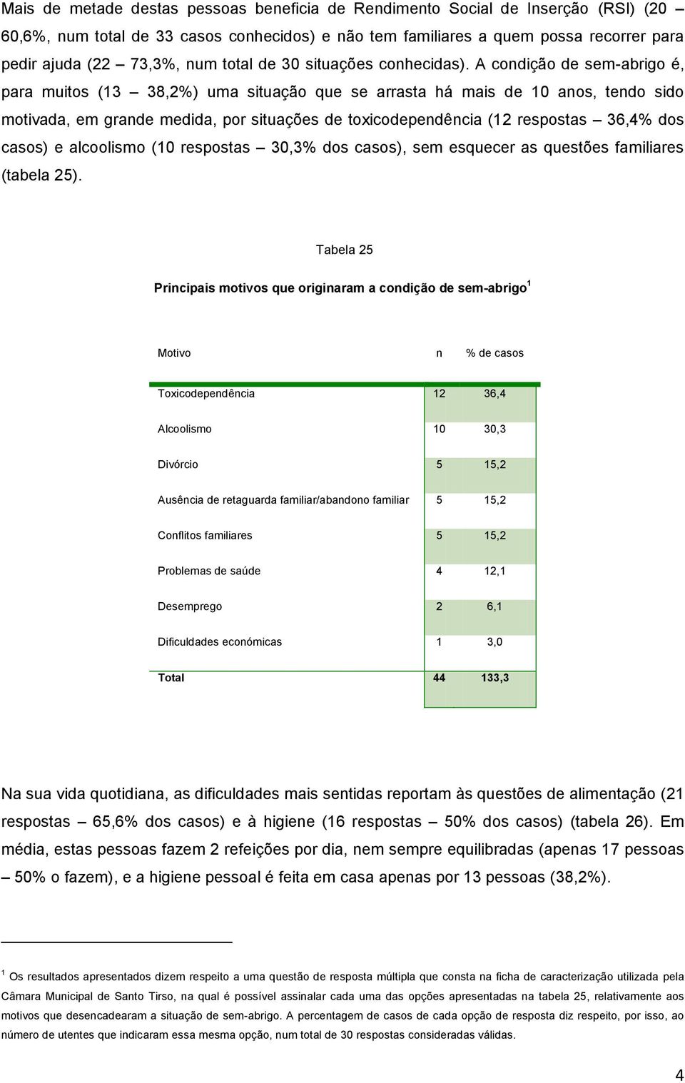 A condição de sem-abrigo é, para muitos (13 38,2%) uma situação que se arrasta há mais de 10 anos, tendo sido motivada, em grande medida, por situações de toxicodependência (12 respostas 36,4% dos