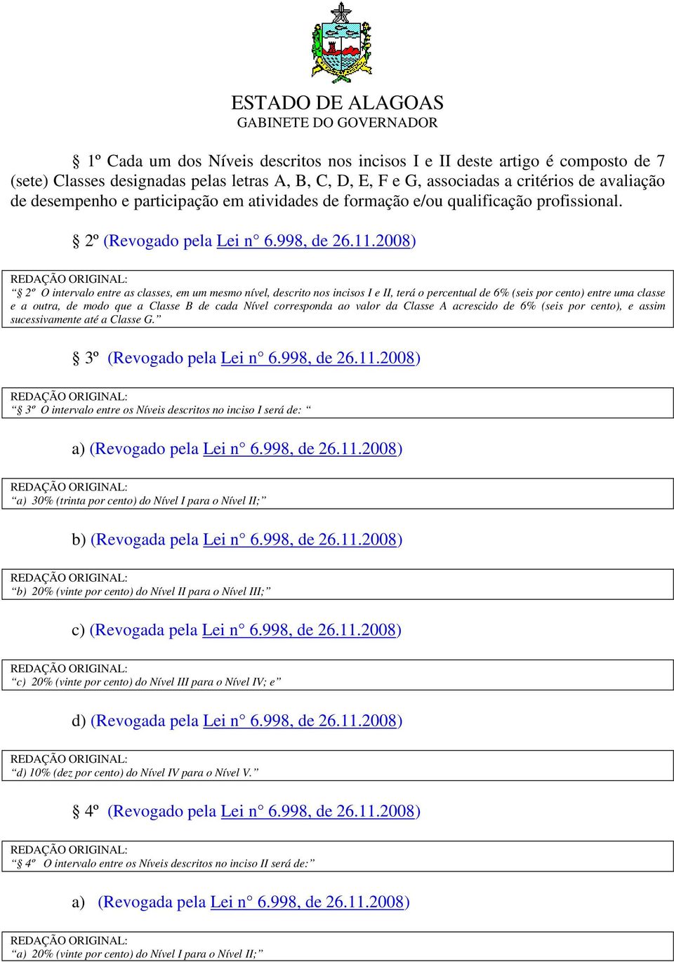 2008) 2º O intervalo entre as classes, em um mesmo nível, descrito nos incisos I e II, terá o percentual de 6% (seis por cento) entre uma classe e a outra, de modo que a Classe B de cada Nível