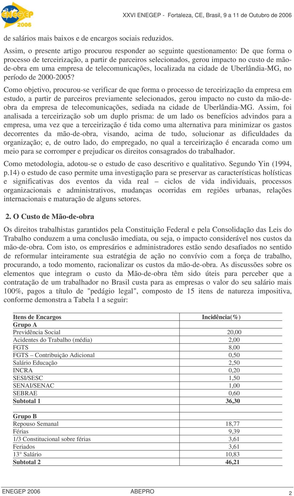 empresa de telecomunicações, localizada na cidade de Uberlândia-MG, no período de 2000-2005?