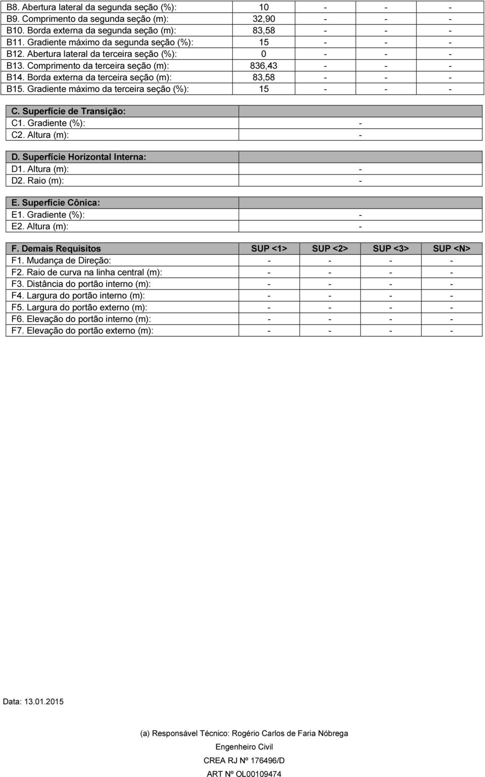 Borda externa da terceira seção (m): 83,58 - - - B15. Gradiente máximo da terceira seção (%): 15 - - - C. Superfície de Transição: C1. Gradiente (%): - C2. Altura (m): - D.