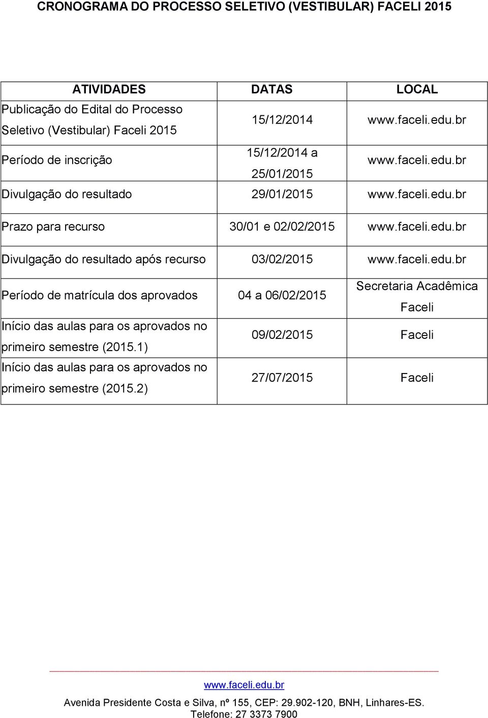 Divulgação do resultado após recurso 03/02/2015 Período de matrícula dos aprovados 04 a 06/02/2015 Secretaria Acadêmica Faceli Início das