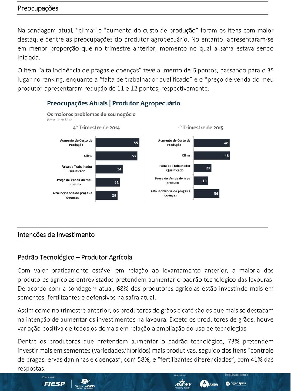 O item alta incidência de pragas e doenças teve aumento de 6 pontos, passando para o 3º lugar no ranking, enquanto a falta de trabalhador qualificado e o preço de venda do meu produto apresentaram