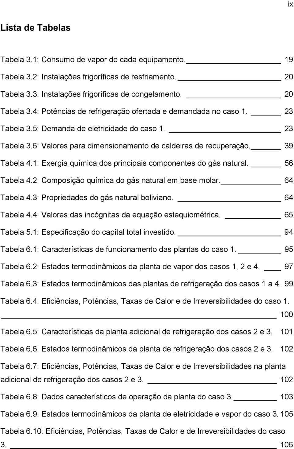 56 Tabela 4.2: Composição químia do gás natural em base molar. 64 Tabela 4.3: Propriedades do gás natural boliviano. 64 Tabela 4.4: Valores das inógnitas da equação estequiométria. 65 Tabela 5.