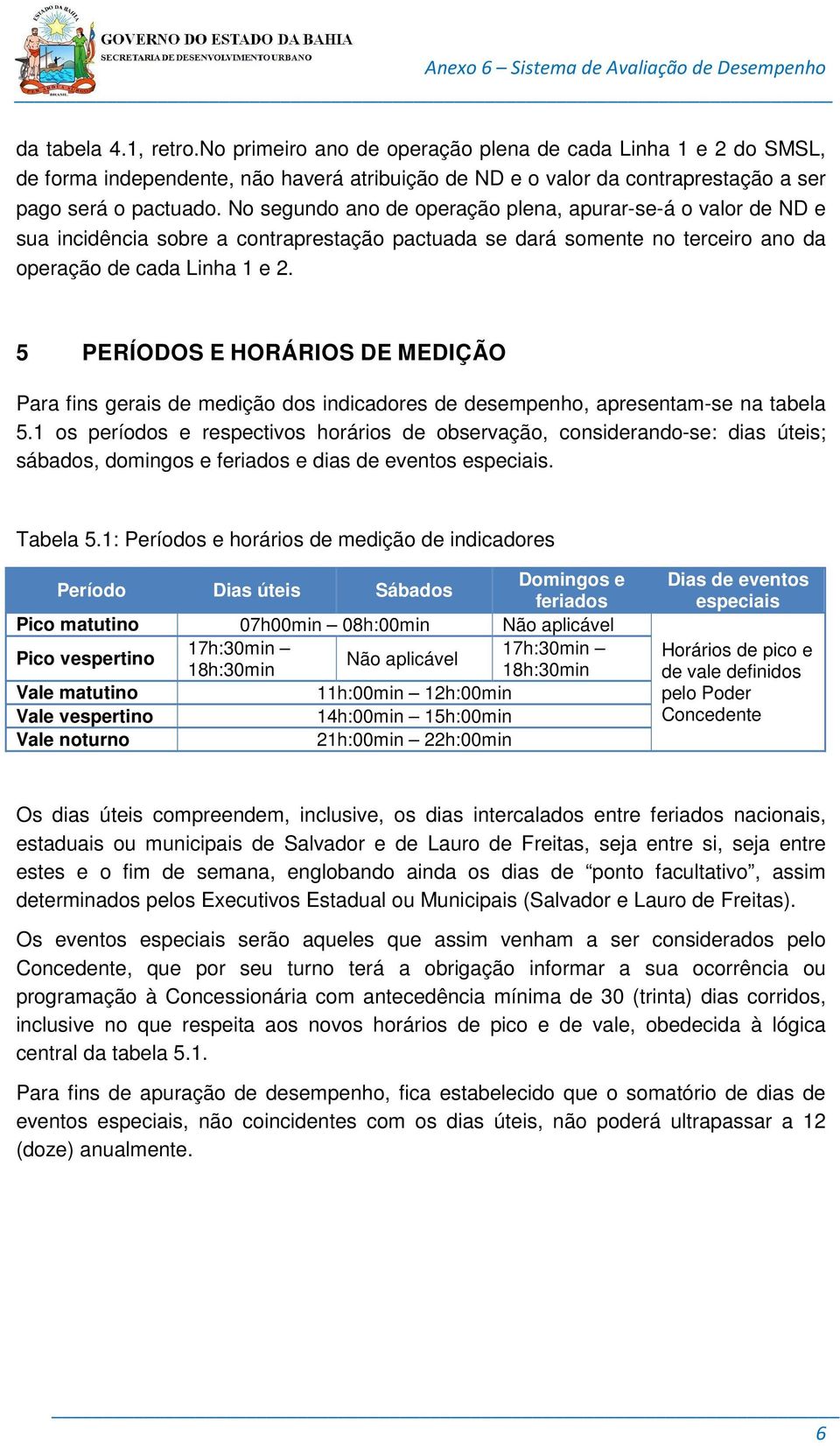 5 PERÍODOS E HORÁRIOS DE MEDIÇÃO Para fins gerais de medição dos indicadores de desempenho, apresentam-se na tabela 5.