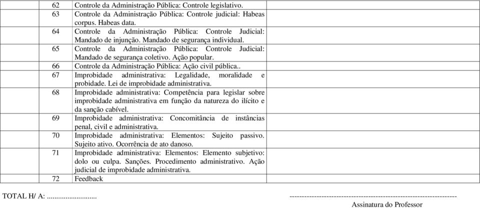 Ação popular. 66 Controle da Administração Pública: Ação civil pública.. 67 Improbidade administrativa: Legalidade, moralidade e probidade. Lei de improbidade administrativa.