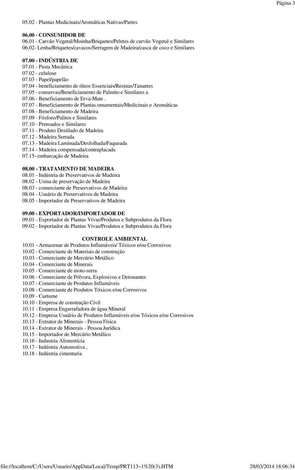 04 - beneficiamento de óleos Essenciais/Resinas/Tanantes 07.05 - conservas/beneficiamento de Palmito e Similares a 07.06 - Beneficiamento de Erva-Mate. 07.07 - Beneficiamento de Plantas omamentais/medicinais e Aromáticas 07.