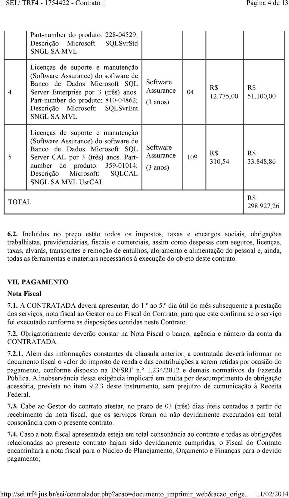 100,00 5 Licenças de suporte e manutenção ( ) do software de Banco de Dados Microsoft SQL Server CAL por 3 (três) anos.