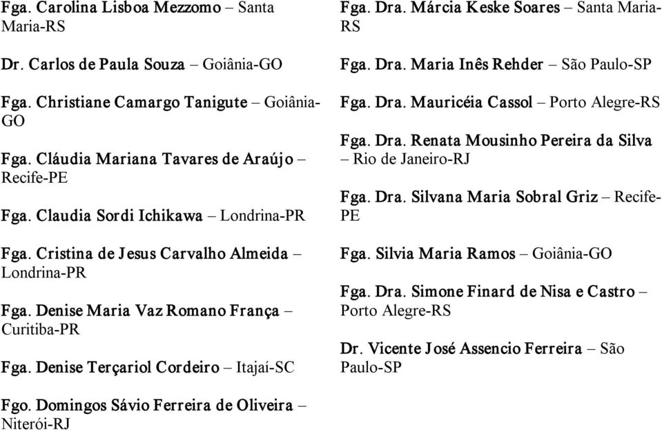 Márcia Keske Soares Santa Maria RS Fga. Dra. Maria Inês Rehder São Paulo SP Fga. Dra. Mauricéia Cassol Porto Alegre RS Fga. Dra. Renata Mousinho Pereira da Silva Rio de Janeiro RJ Fga. Dra. Silvana Maria Sobral Griz Recife PE Fga.