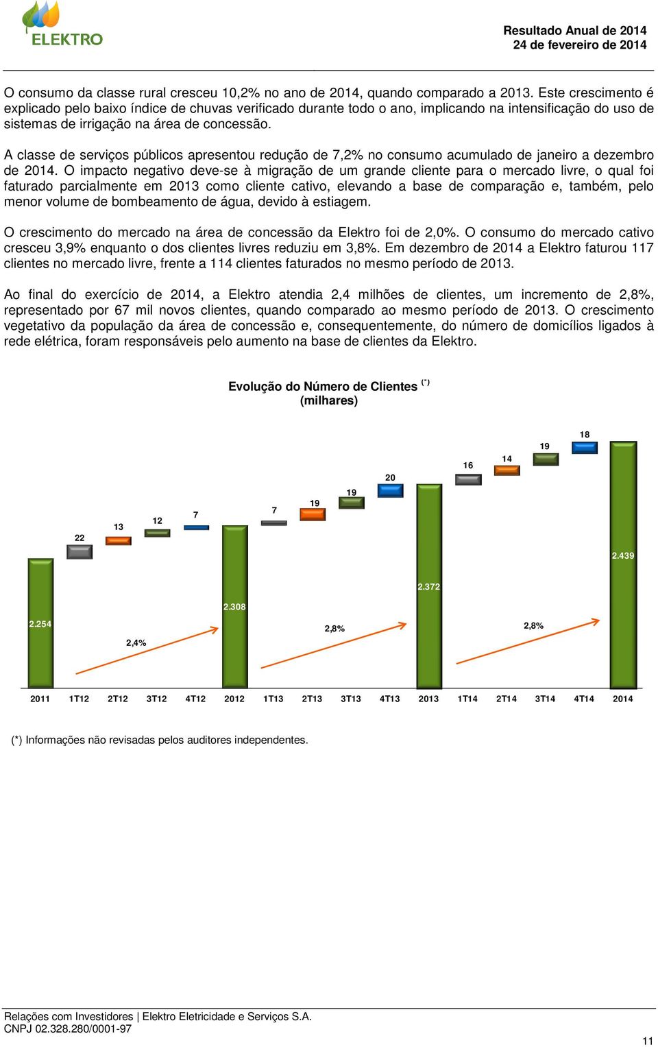 A classe de serviços públicos apresentou redução de 7,2% no consumo acumulado de janeiro a dezembro de 2014.