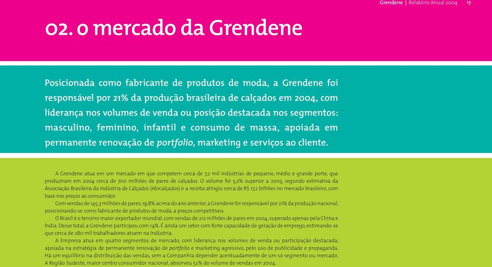 destacada nos segmentos: masculino, feminino, infantil e consumo de massa, apoiada em permanente renovação de portfolio, marketing e serviços ao cliente.