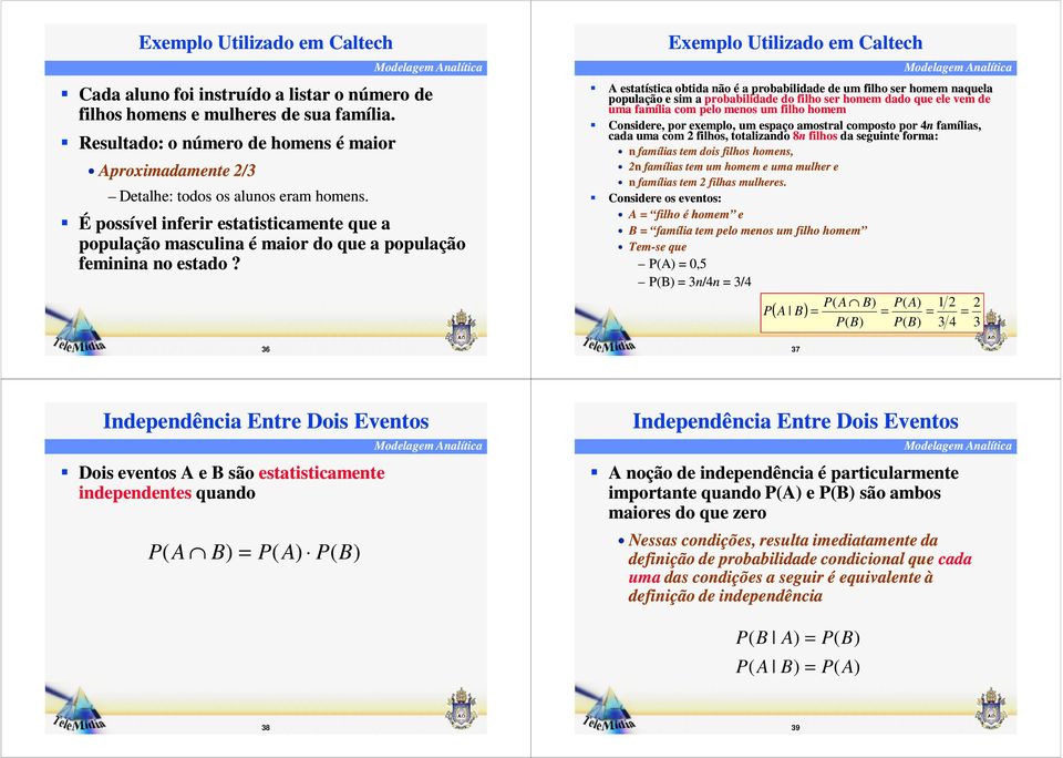 Exeplo Utlzado e Caltech estatístca obtda não é a probabldade de u flho ser hoe naquela população e s a probabldade do flho ser hoe dado que ele ve de ua faíla co pelo enos u flho hoe Consdere, por