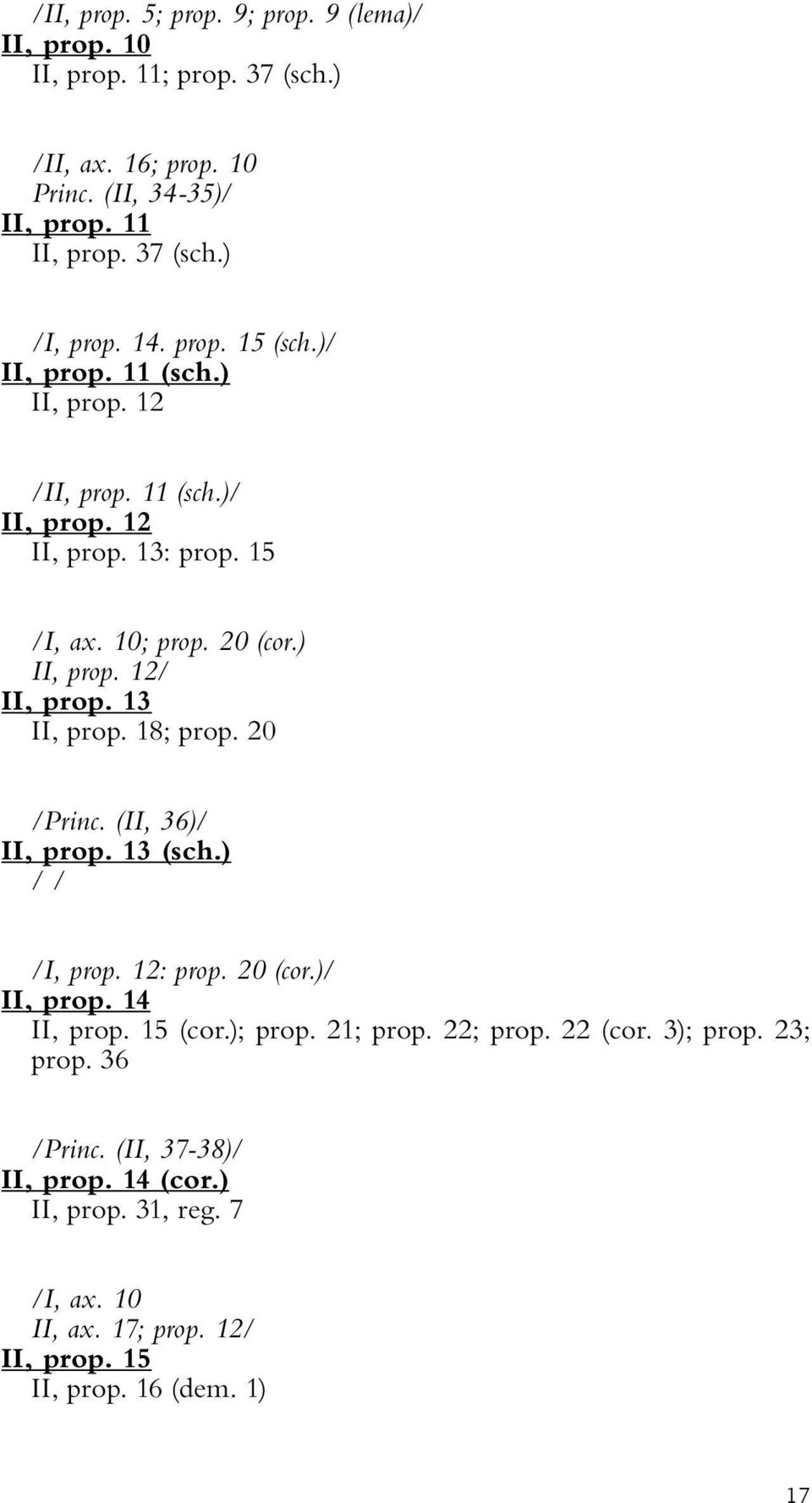 13 II, prop. 18; prop. 20 /Princ. (II, 36)/ II, prop. 13 (sch.) /I, prop. 12: prop. 20 (cor.)/ II, prop. 14 II, prop. 15 (cor.); prop. 21; prop. 22; prop. 22 (cor.
