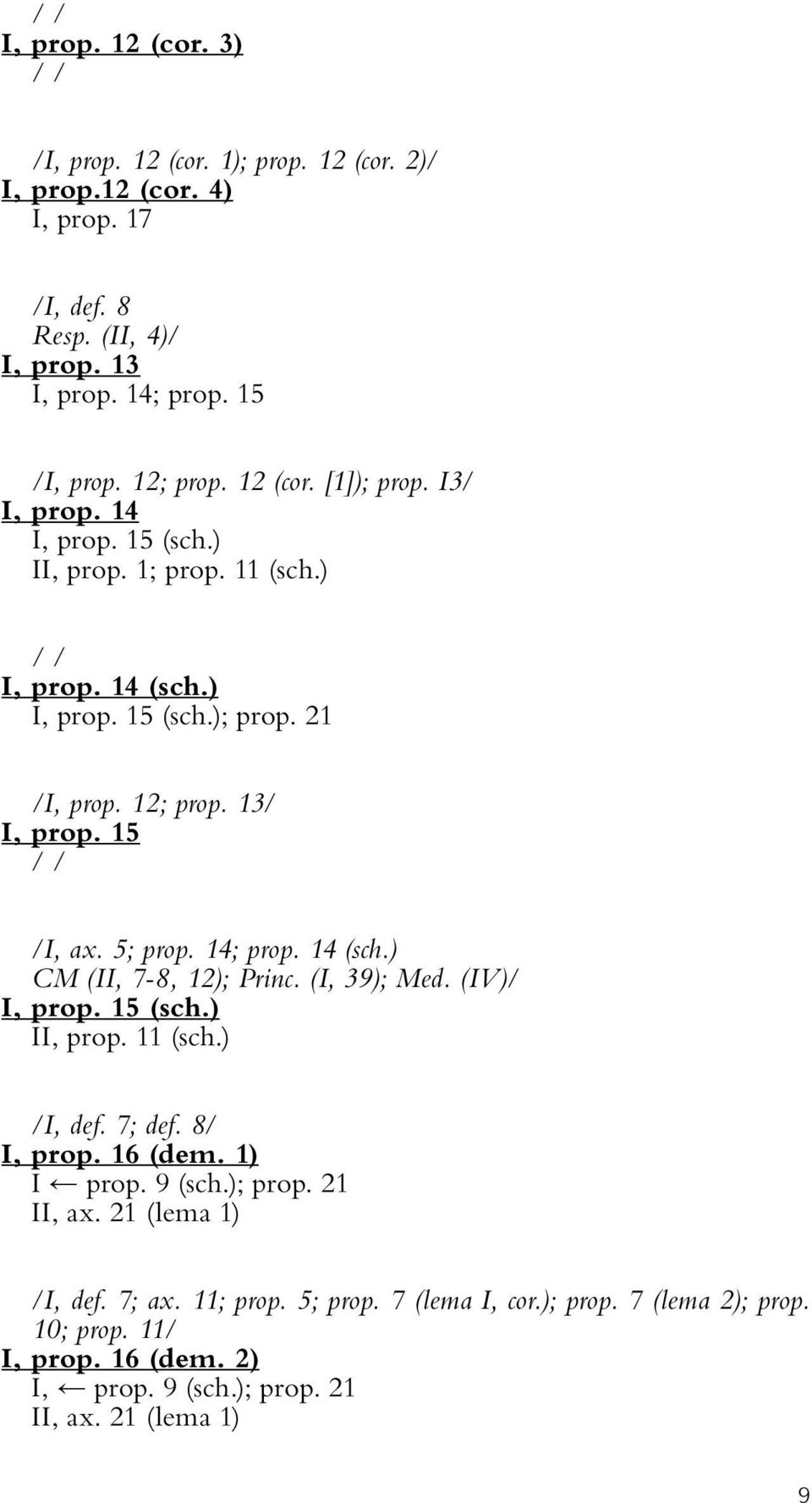 5; prop. 14; prop. 14 (sch.) CM (II, 7-8, 12); Princ. (I, 39); Med. (IV)/ I, prop. 15 (sch.) II, prop. 11 (sch.) /I, def. 7; def. 8/ I, prop. 16 (dem. 1) I prop. 9 (sch.); prop.