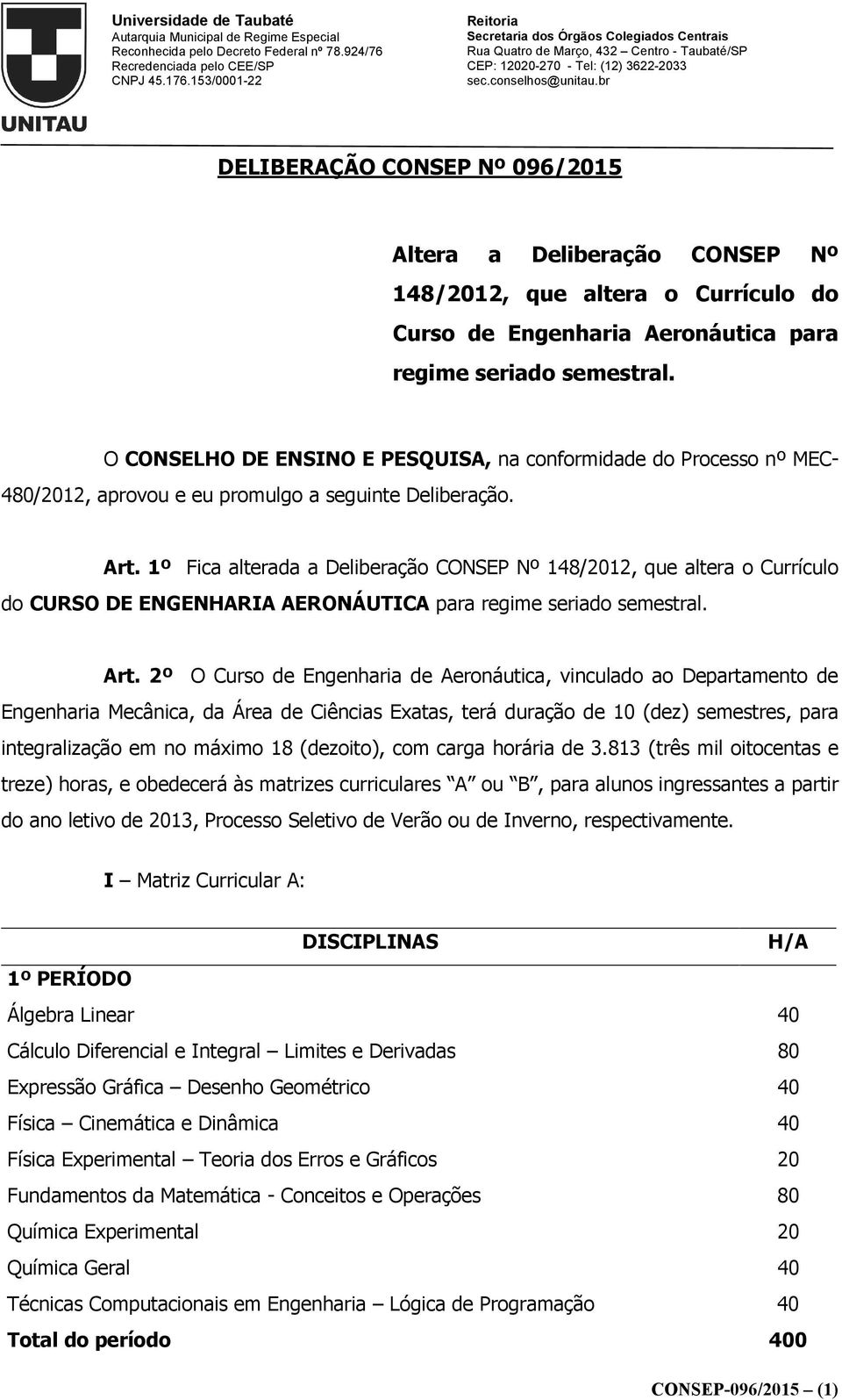 1º Fica alterada a Deliberação CONSEP Nº 148/2012, que altera o Currículo do CURSO DE ENGENHARIA AERONÁUTICA para regime seriado semestral. Art.