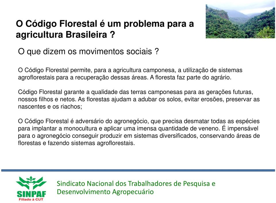 Código Florestal garante a qualidade das terras camponesas para as gerações futuras, nossos filhos e netos.