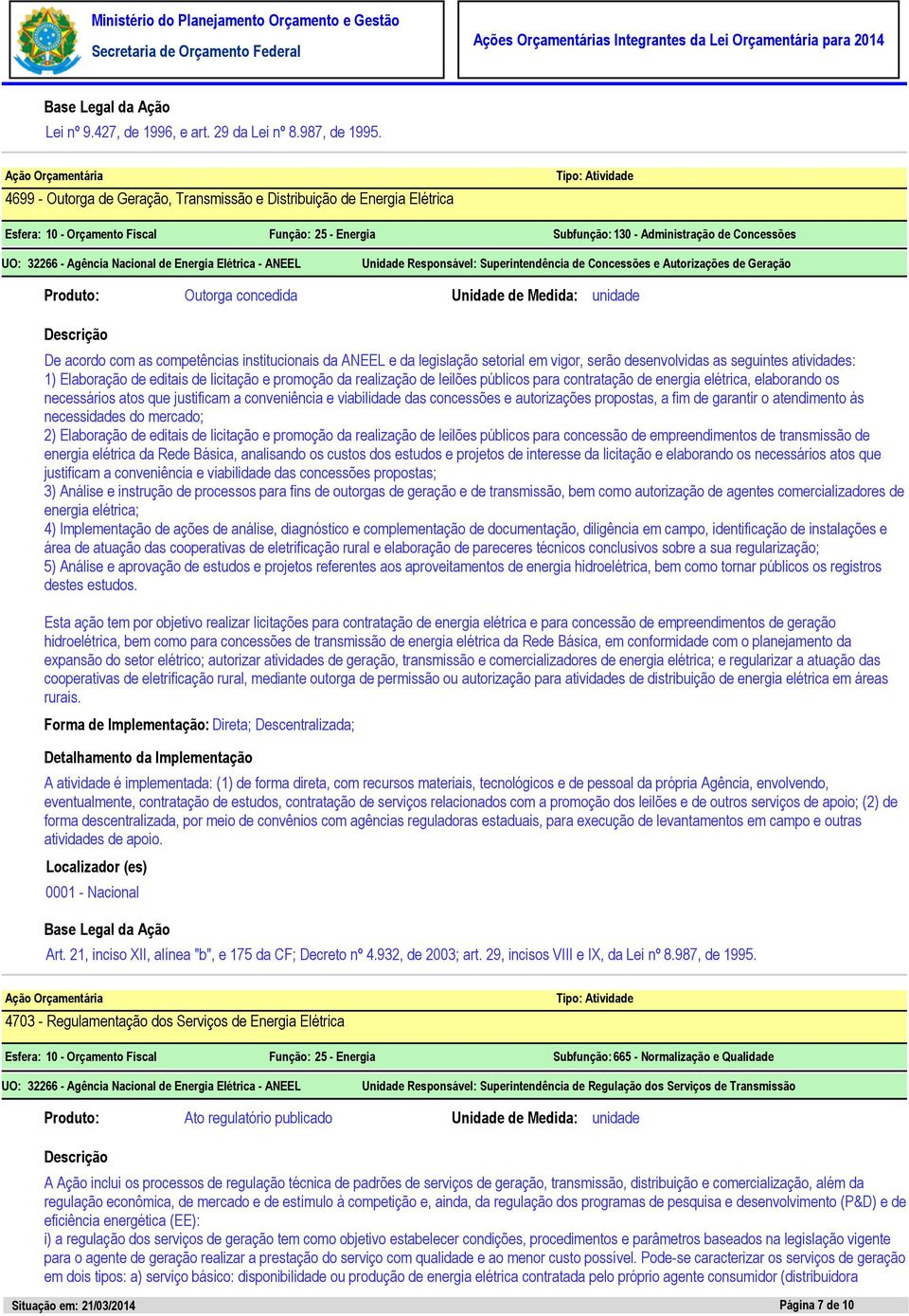 Superintendência de Concessões e Autorizações de Geração Outorga concedida Unidade de Medida: unidade De acordo com as competências institucionais da ANEEL e da legislação setorial em vigor, serão