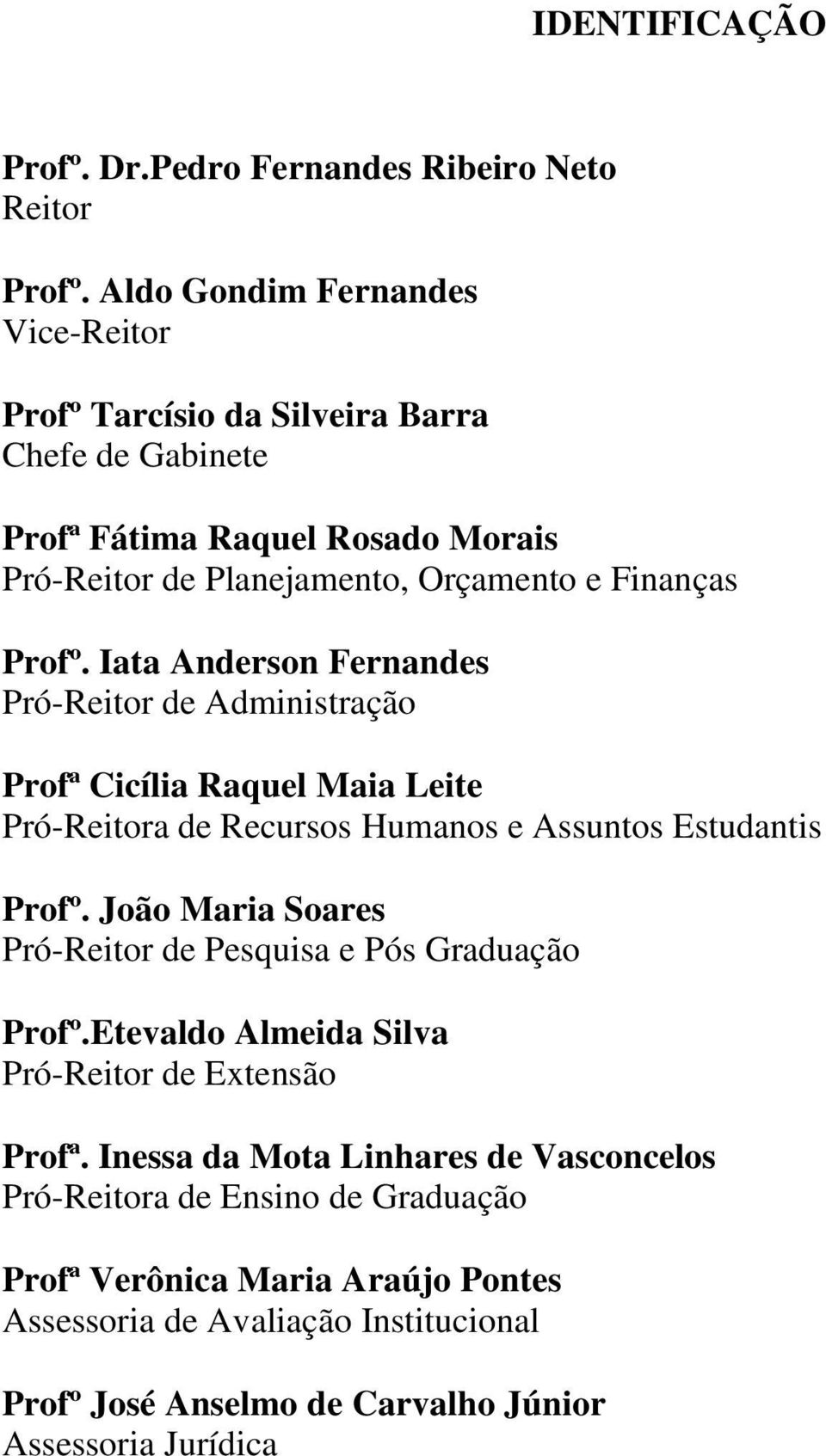 Iata Anderson Fernandes Pró-Reitor de Administração Profª Cicília Raquel Maia Leite Pró-Reitora de Recursos Humanos e Assuntos Estudantis Profº.