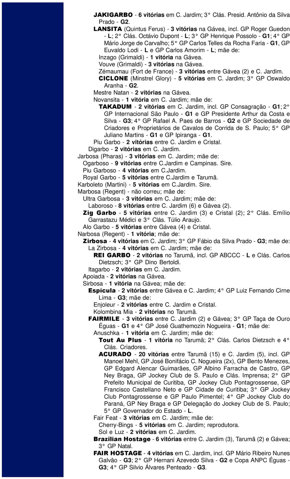 na Gávea. Vouve (Grimaldi) - 3 vitórias na Gávea. Zémaumau (Fort de France) - 3 vitórias entre Gávea (2) e C. Jardim. CICLONE (Minstrel Glory) - 5 vitórias em C. Jardim; 3 GP Oswaldo Aranha - G2.
