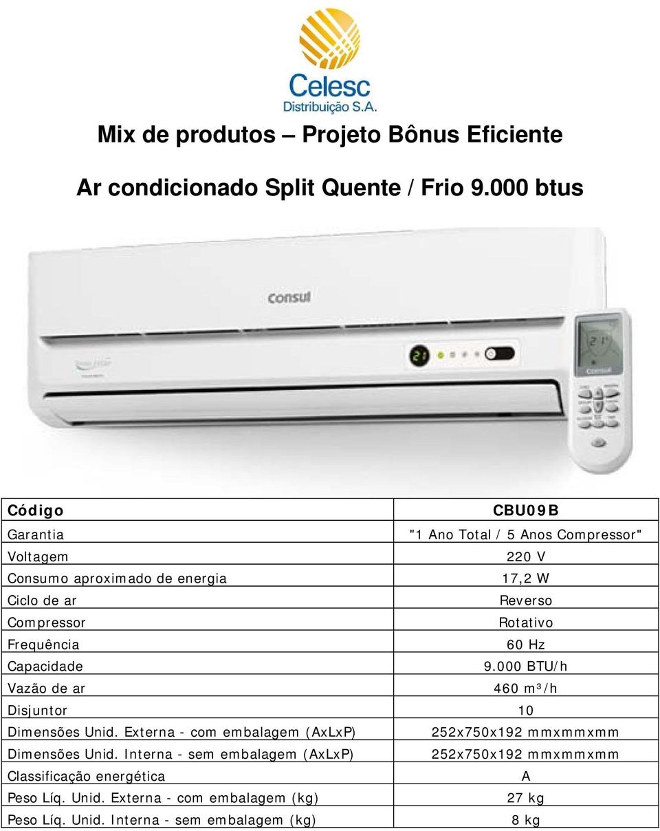 Hz Capacidade 9.000 BTU/h Vazão de ar 460 m³/h Disjuntor 10 Dimensões Unid.