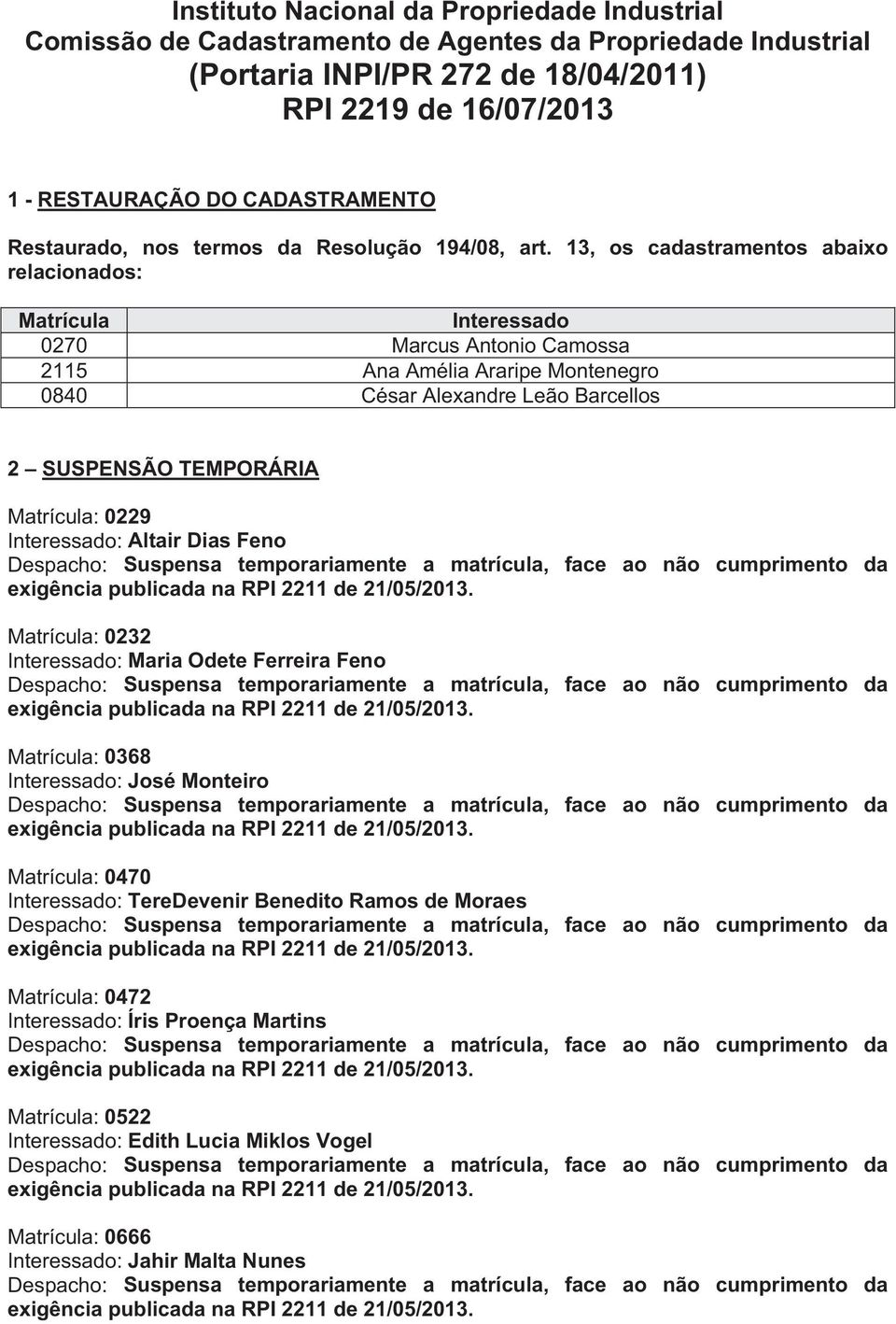 13, os cadastramentos abaixo relacionados: Matrícula Interessado 0270 Marcus Antonio Camossa 2115 Ana Amélia Araripe Montenegro 0840 César Alexandre Leão Barcellos 2 SUSPENSÃO TEMPORÁRIA Matrícula: