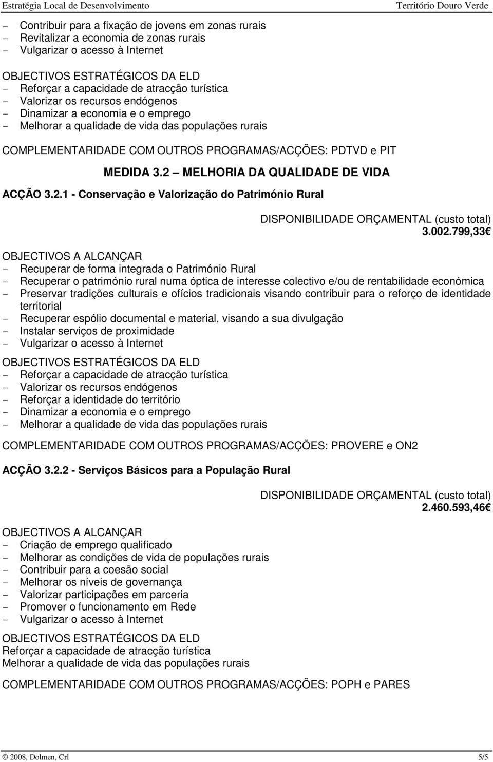 799,33 - Recuperar de forma integrada o Património Rural - Recuperar o património rural numa óptica de interesse colectivo e/ou de rentabilidade económica - Preservar tradições culturais e ofícios