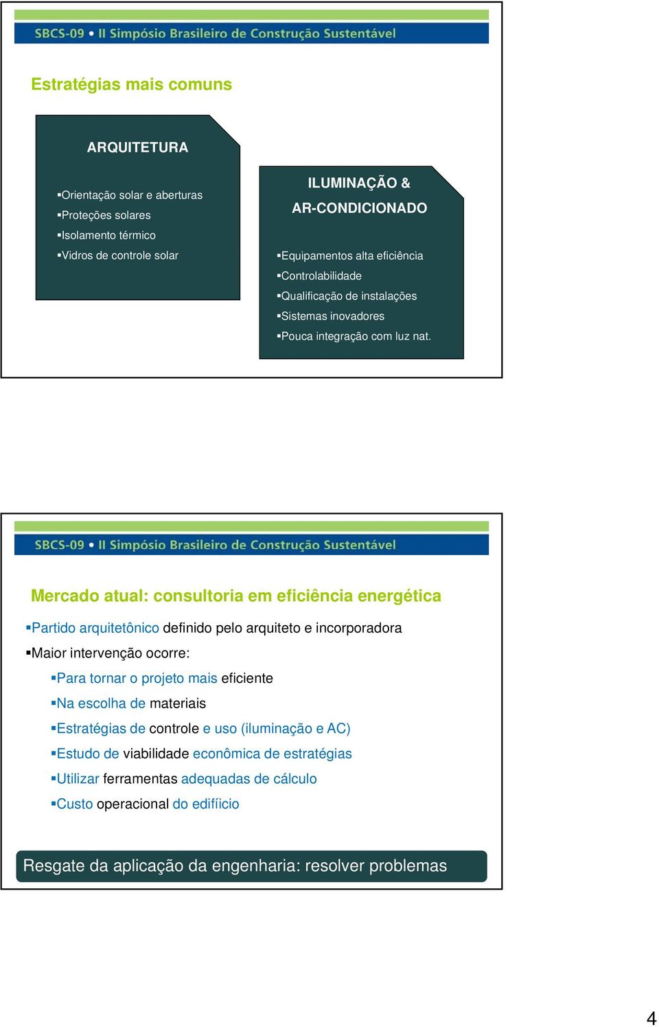 Mercado atual: consultoria em eficiência energética Partido arquitetônico definido pelo arquiteto e incorporadora Maior intervenção ocorre: Para tornar o projeto mais eficiente