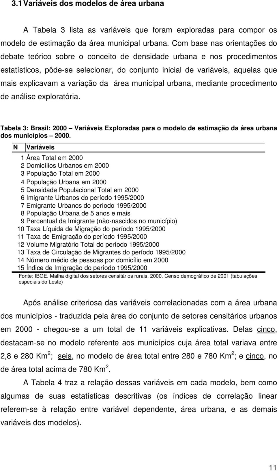 variação da área municipal urbana, mediante procedimento de análise exploratória. Tabela 3: Brasil: 2000 Variáveis Exploradas para o modelo de estimação da área urbana dos municípios 2000.