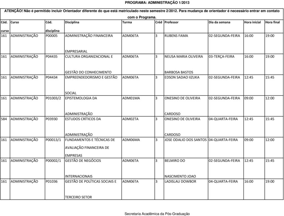 P01003/2 EPISTEMOLOGIA DA ADM01MA 3 ONESINO DE OLIVEIRA 02-SEGUNDA-FEIRA 09:00 12:00 ADMINISTRAÇÃO 584 ADMINISTRAÇÃO P03930 ESTUDOS CRÍTICOS DA ADM02TA 3 ONESINO DE OLIVEIRA 04-QUARTA-FEIRA 12:45