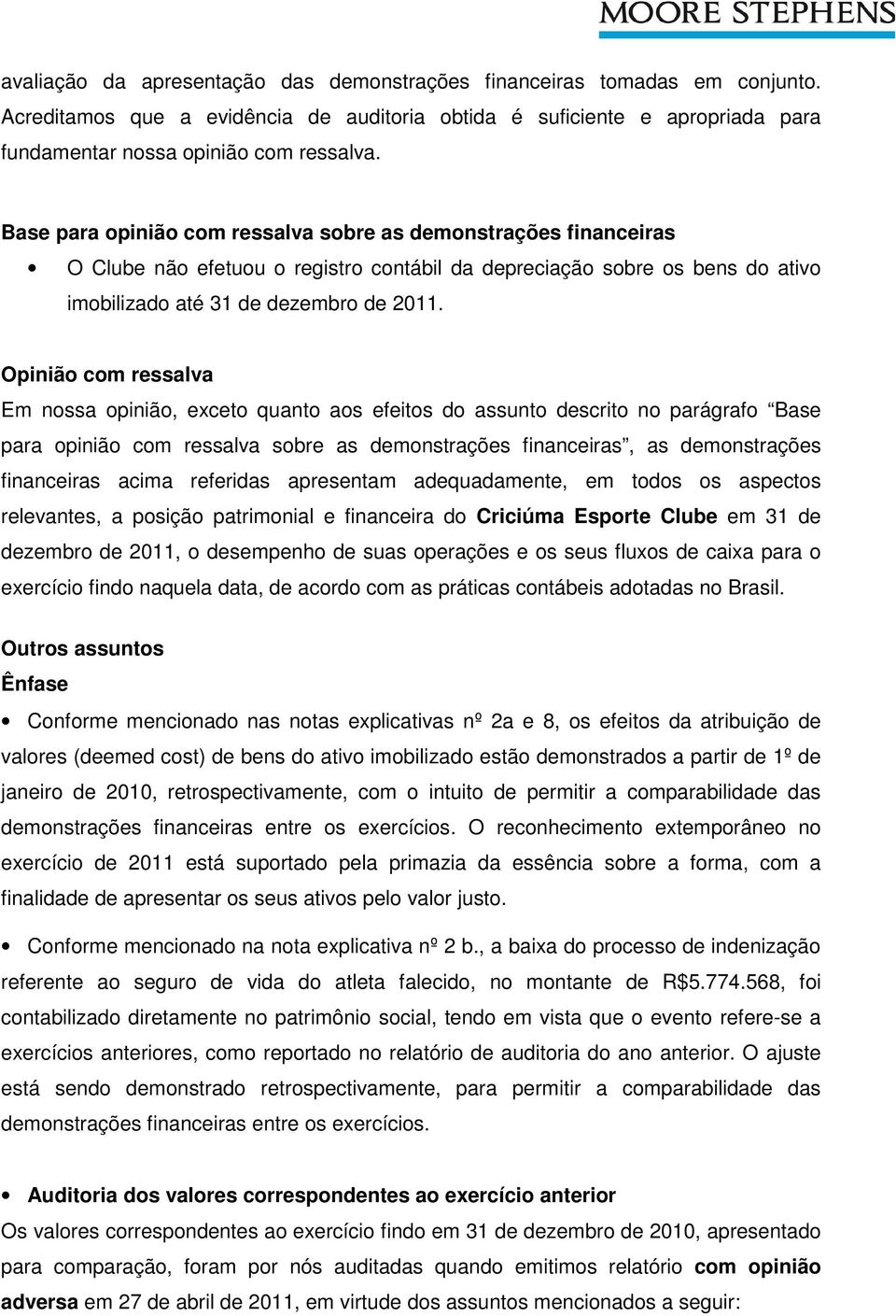 Opinião com ressalva Em nossa opinião, exceto quanto aos efeitos do assunto descrito no parágrafo Base para opinião com ressalva sobre as demonstrações financeiras, as demonstrações financeiras acima