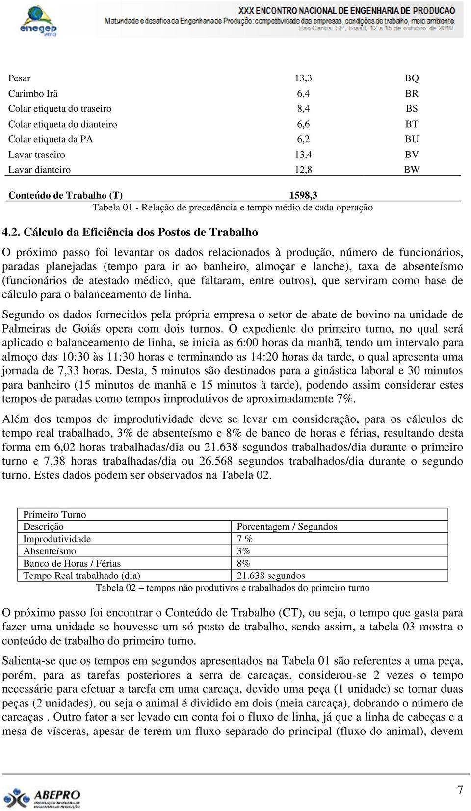 Cálculo da Eficiência dos Postos de Trabalho O próximo passo foi levantar os dados relacionados à produção, número de funcionários, paradas planejadas (tempo para ir ao banheiro, almoçar e lanche),